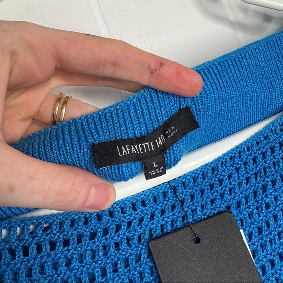 NWT Lafayette 148 New York MSRP $368 Cerulean Blue Sweater Open Crochet Large - Picture 5 of 11